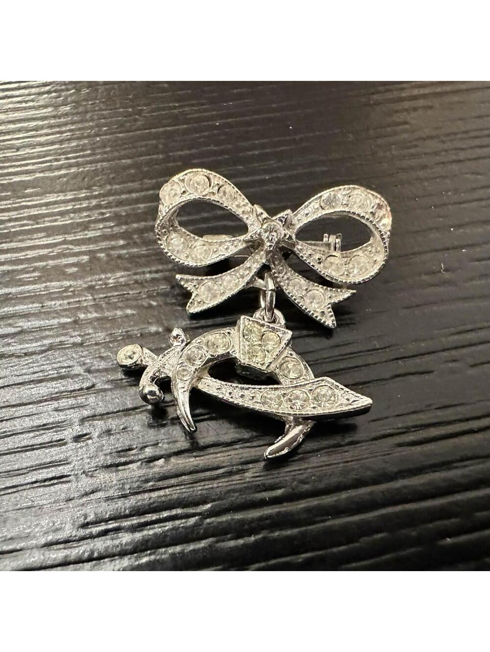 Vintage ORA Shriner Sword Crescent Rhinestone Bow Dangle Pin Brooch Silver Tone